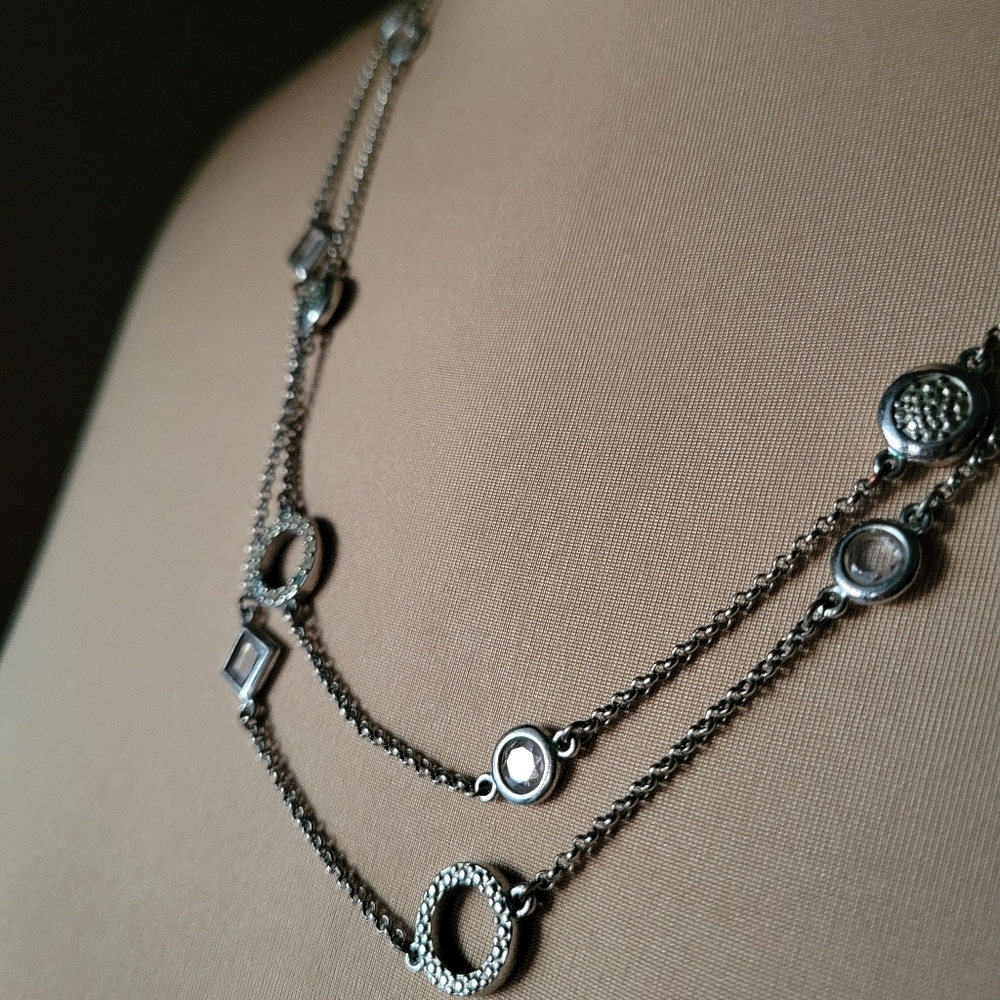 Silver Tone Double Strand Necklace Crystal Geometric Layered Boho Statement - Picture 3 of 3